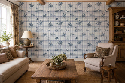 Wild Wrangler Bandit Blue wallpaper shown in a room setting