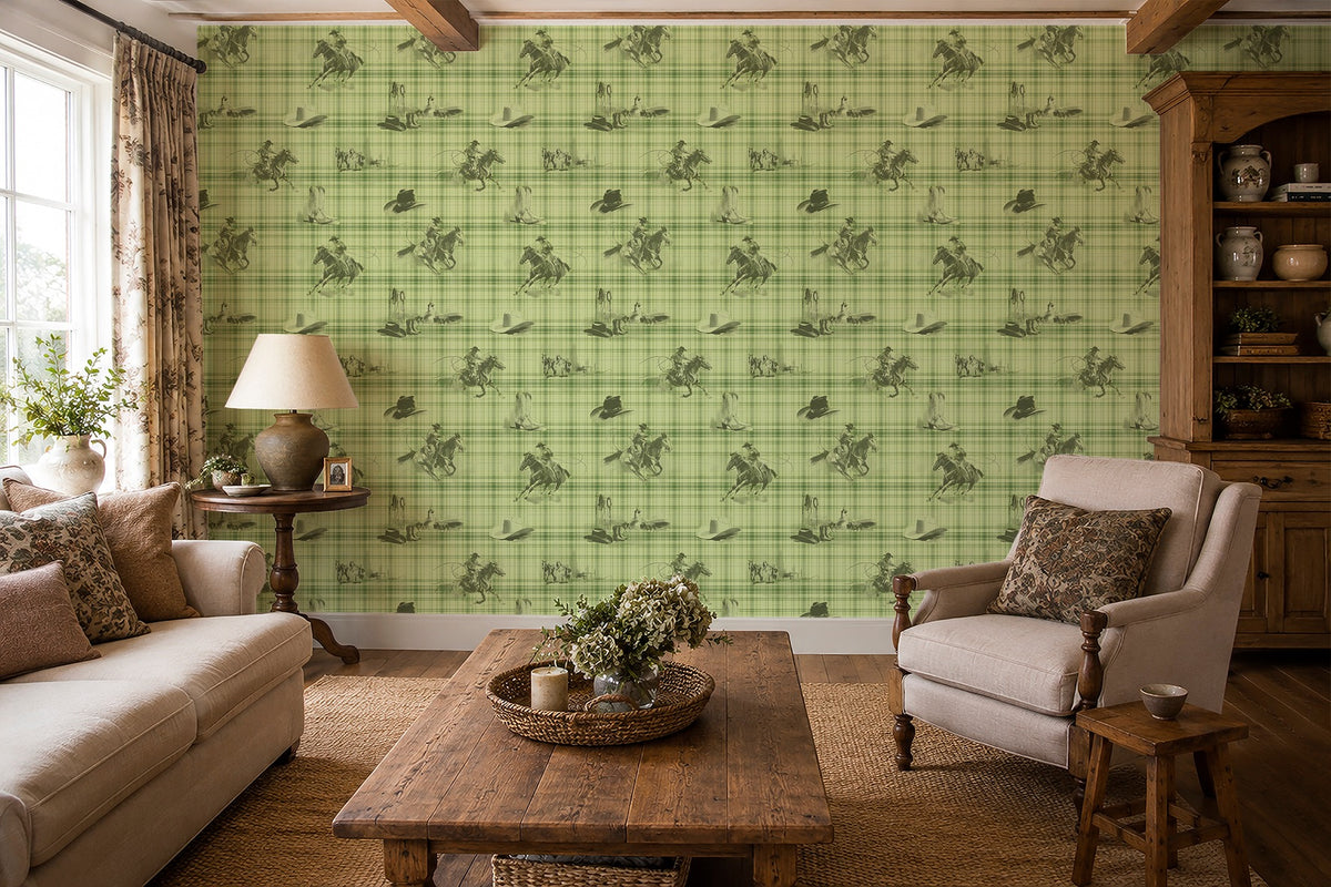 Wild Wrangler Cactus Green wallpaper shown in a room setting