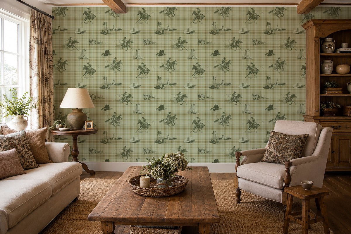 Wild Wrangler Desert Sage wallpaper shown in a room setting
