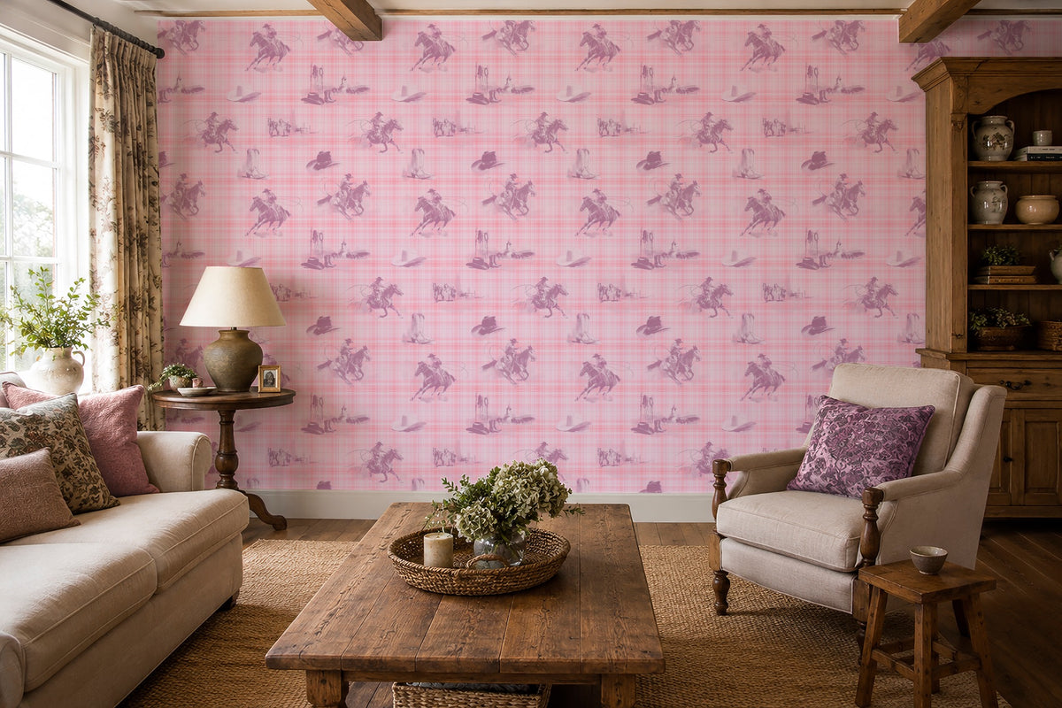 Wild Wrangler Dusk Pink wallpaper shown in a room setting
