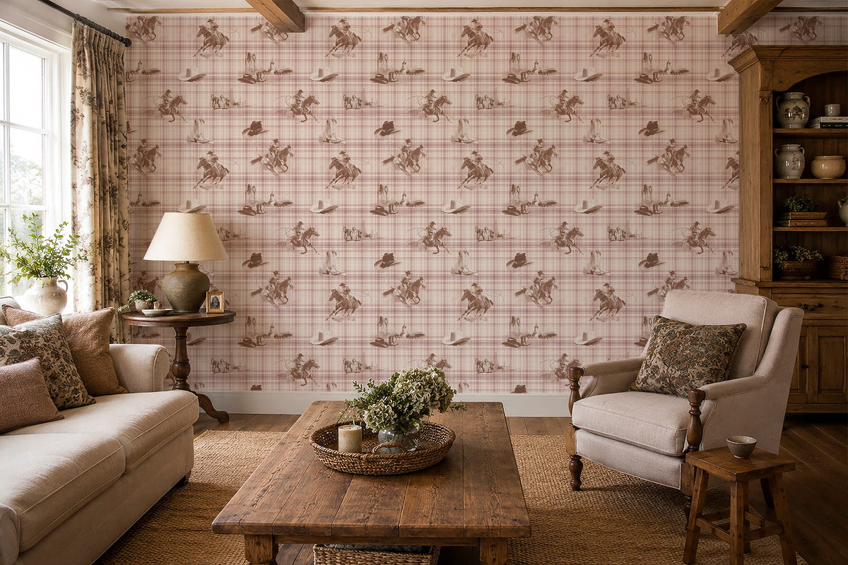 Wild Wrangler Dusty Rose wallpaper shown in a room setting