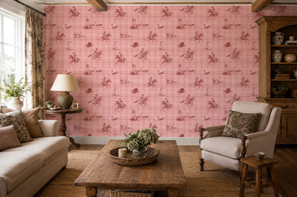 Wild Wrangler Rodeo Red wallpaper shown in a room setting