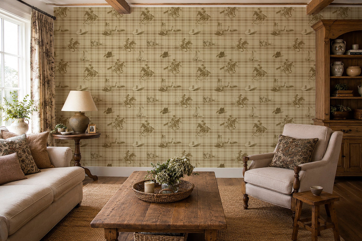 Wild Wrangler Saddle Brown wallpaper shown in a room setting
