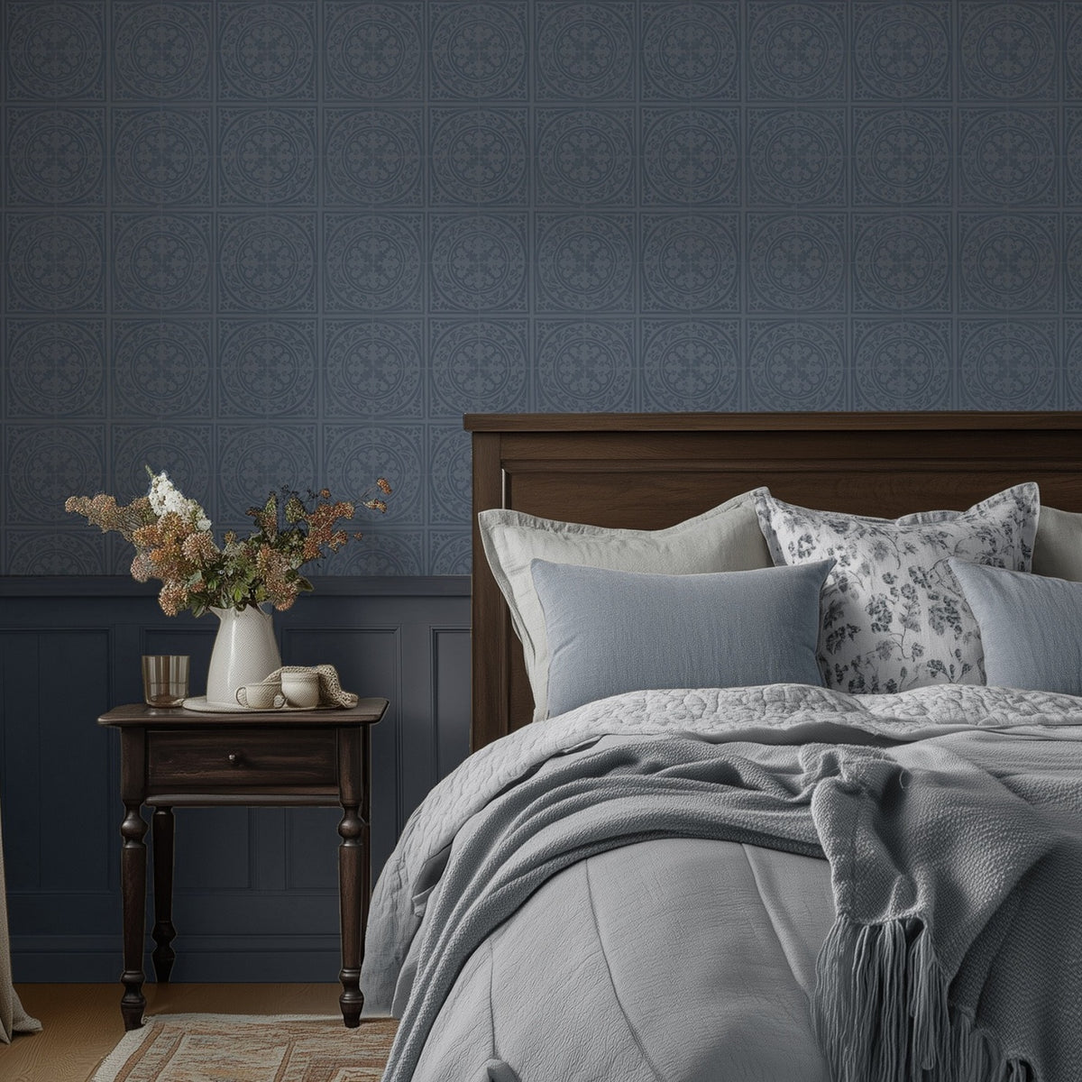 Close-up room view of York Tile Blue Grey wallpaper