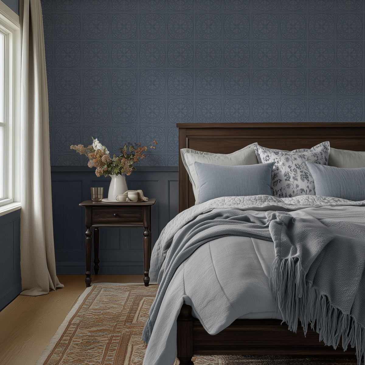 York Tile Blue Grey wallpaper shown in a bedroom