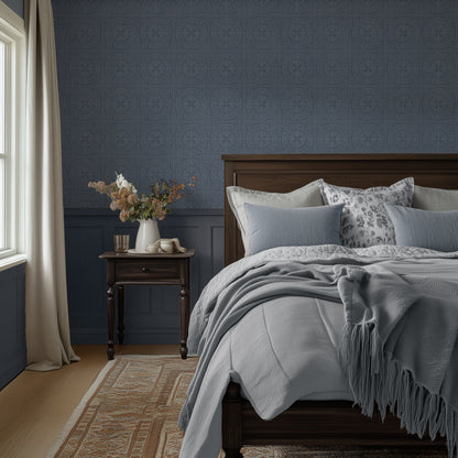 York Tile Blue Grey wallpaper shown in a bedroom