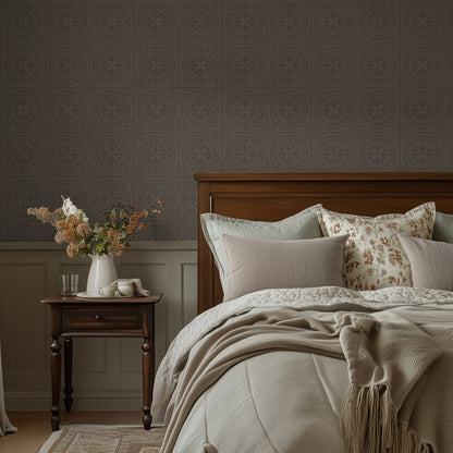 Close-up room view of York Tile Browns wallpaper