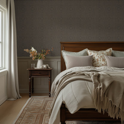 York Tile Browns wallpaper shown in a bedroom