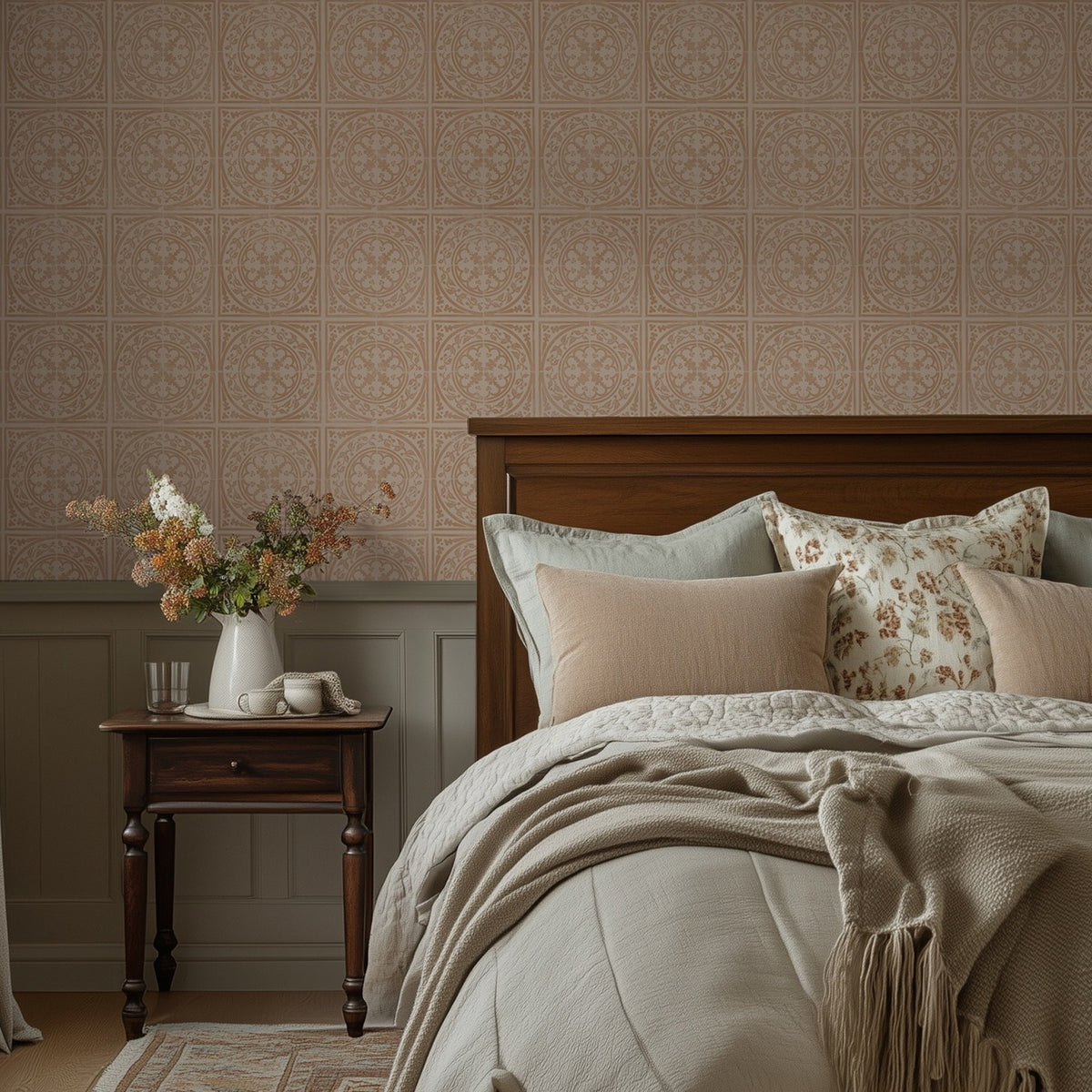 Close-up room view of York Tile Burnt Orange wallpaper