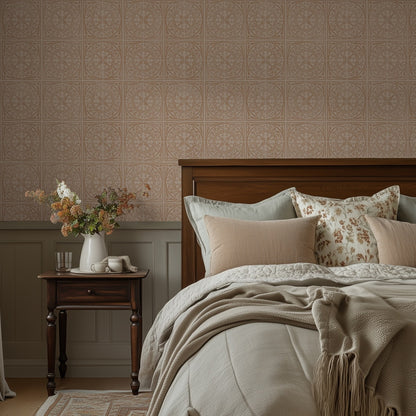 Close-up room view of York Tile Burnt Orange wallpaper