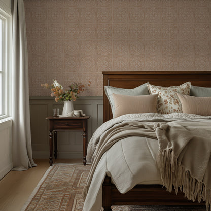York Tile Burnt Orange wallpaper shown in a bedroom
