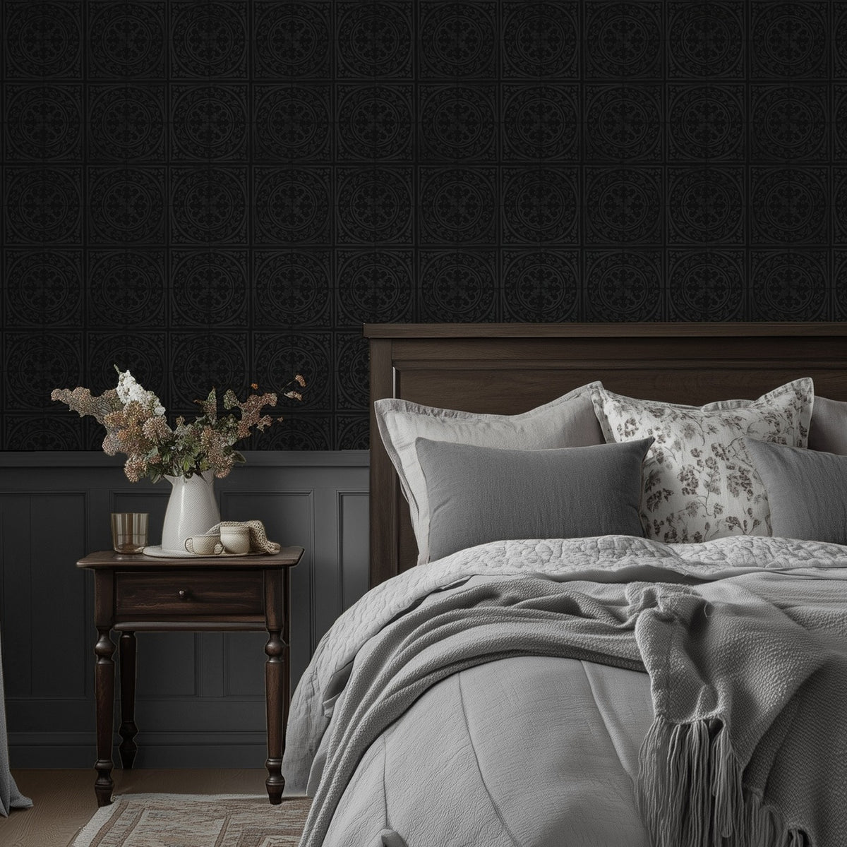 Close-up room view of York Tile Charcoal wallpaper