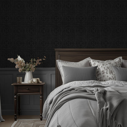 Close-up room view of York Tile Charcoal wallpaper