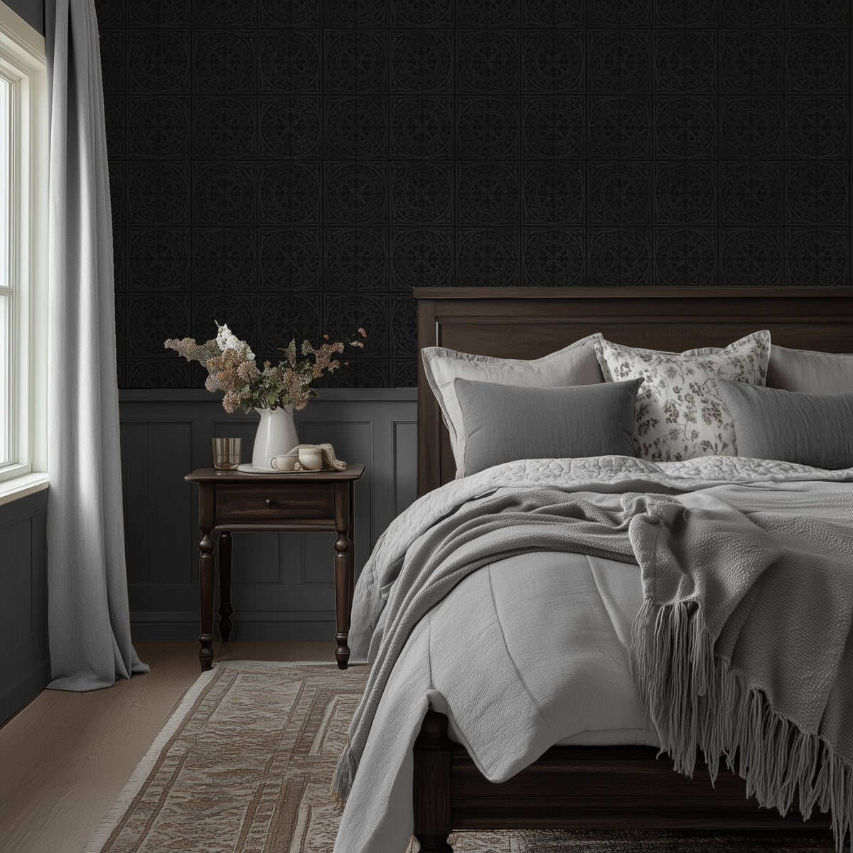 York Tile Charcoal wallpaper shown in a bedroom