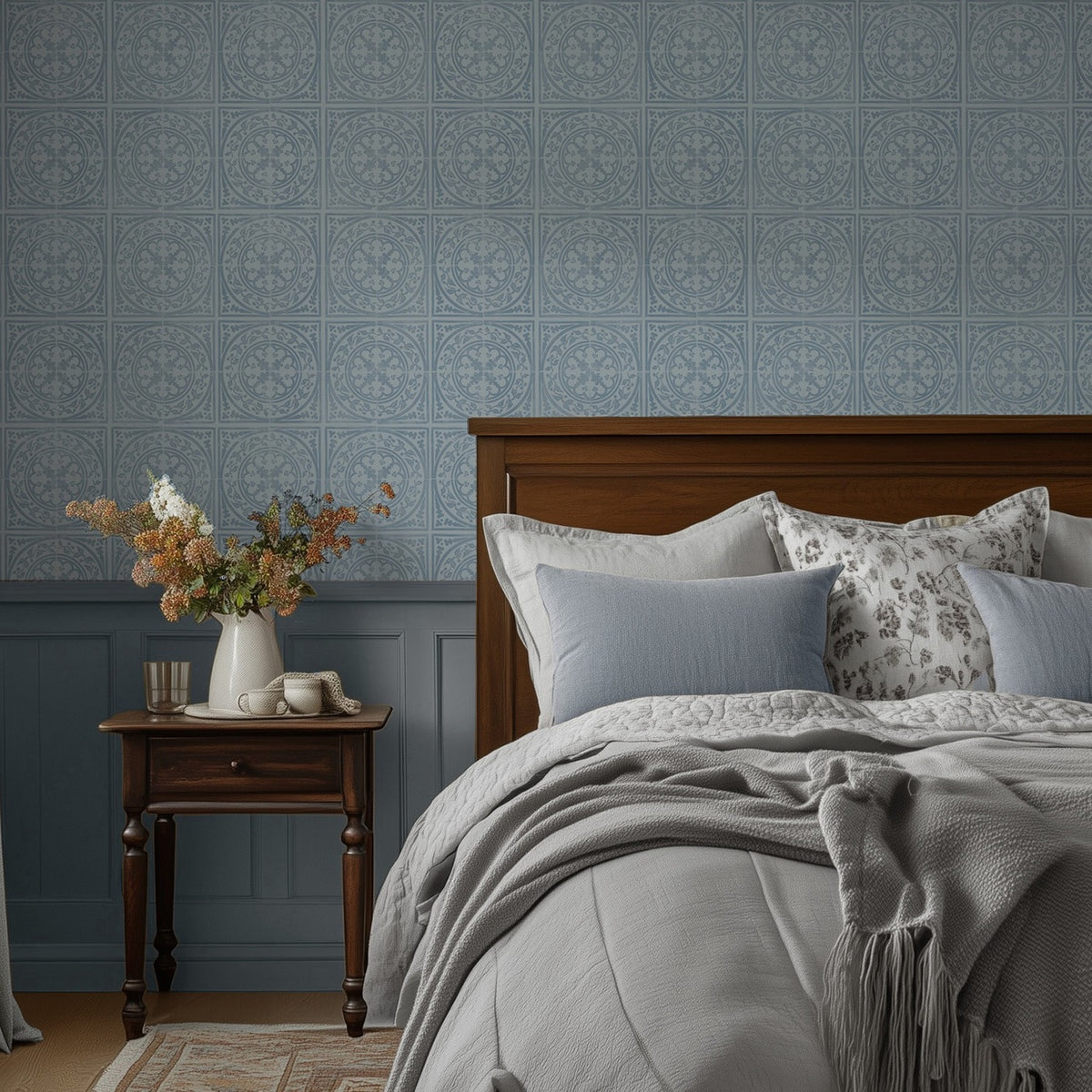 Close-up room view of York Tile Duck Egg wallpaper