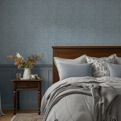 Close-up room view of York Tile Duck Egg wallpaper