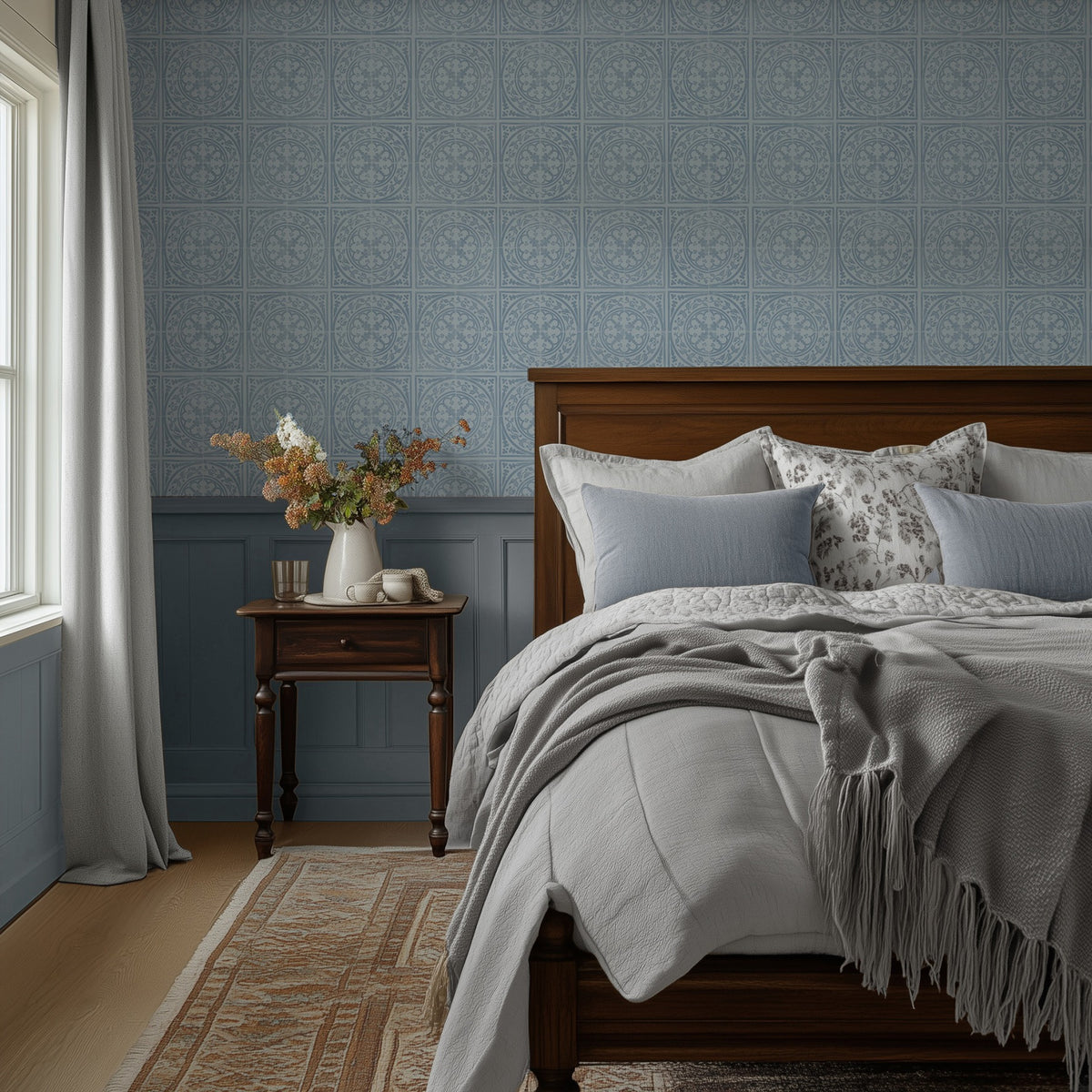 York Tile Duck Egg wallpaper shown in a bedroom