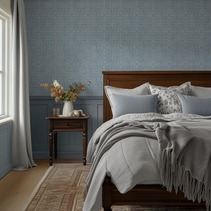 York Tile Duck Egg wallpaper shown in a bedroom