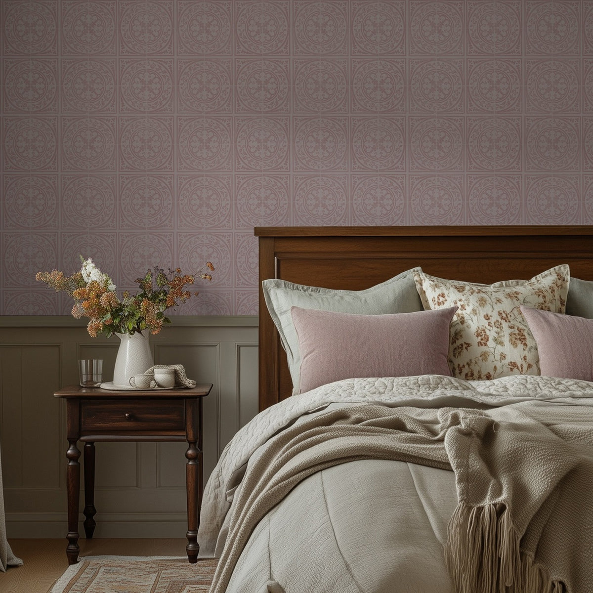 Close-up room view of York Tile Dusty Pink wallpaper