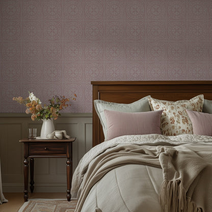 Close-up room view of York Tile Dusty Pink wallpaper
