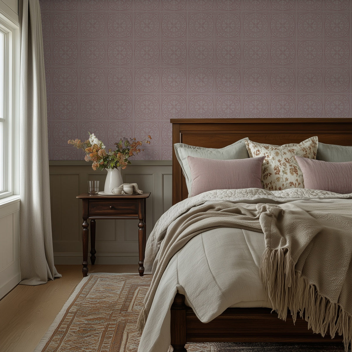 York Tile Dusty Pink wallpaper shown in a bedroom
