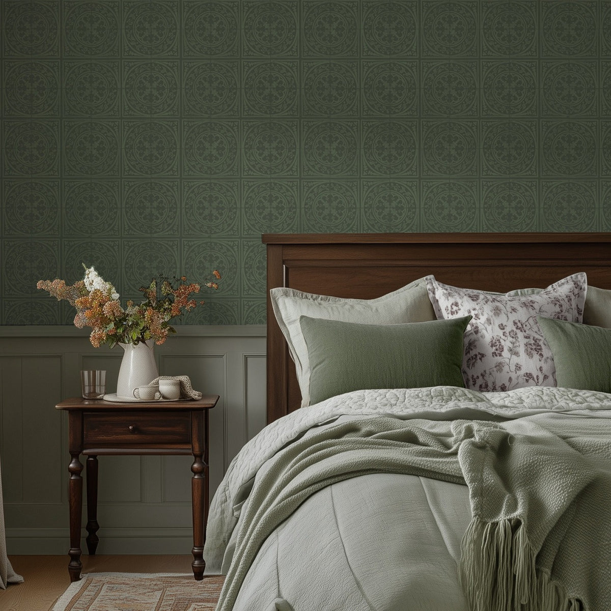 Close-up room view of York Tile Forest Green wallpaper