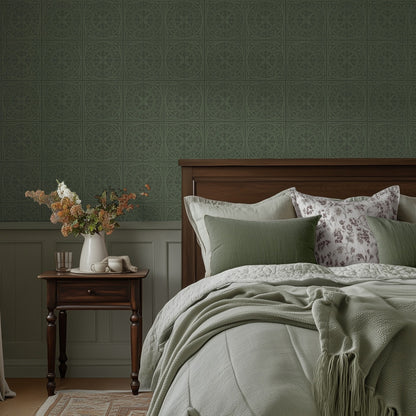Close-up room view of York Tile Forest Green wallpaper