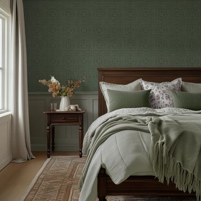 York Tile Forest Green wallpaper shown in a bedroom