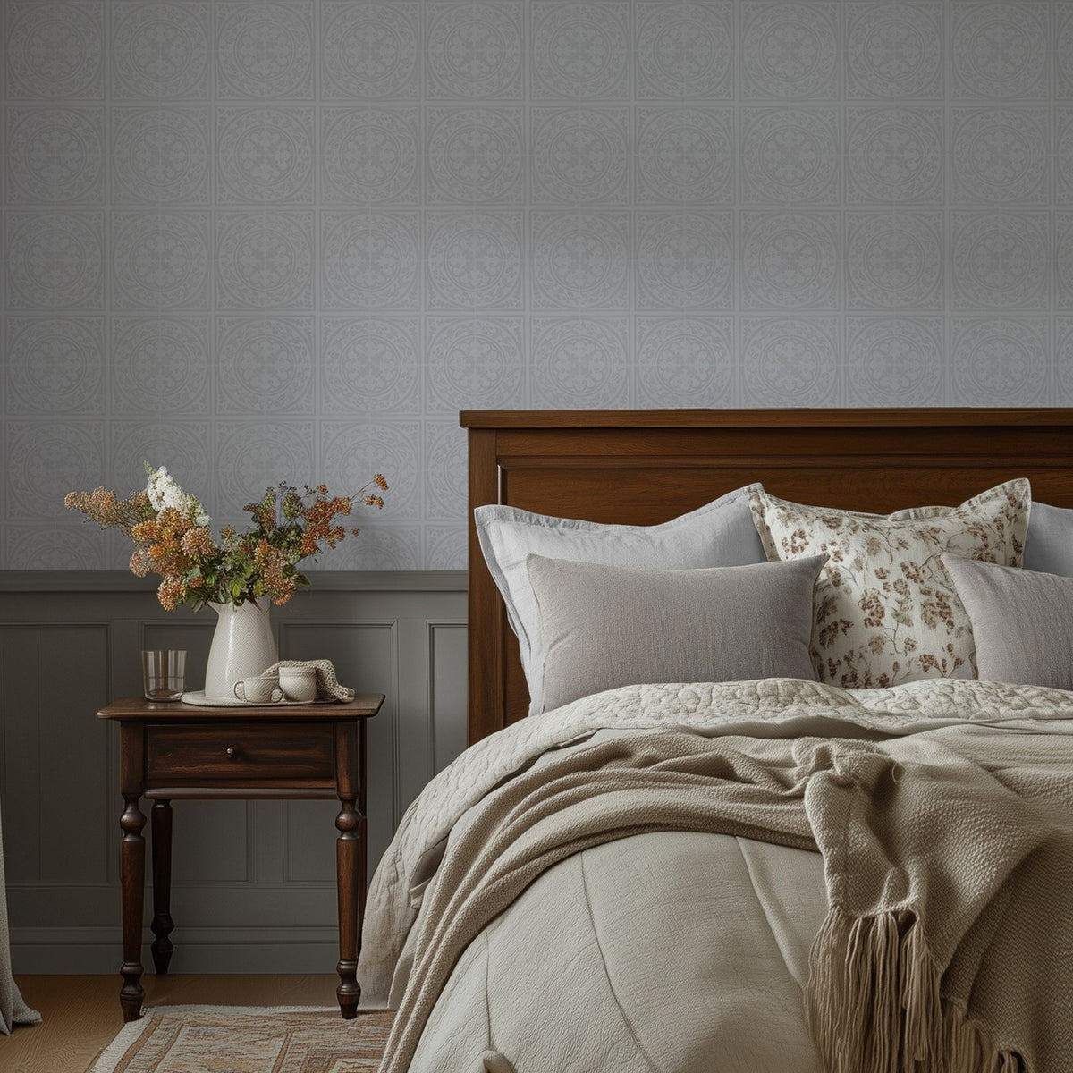 Close-up room view of York Tile Frost wallpaper