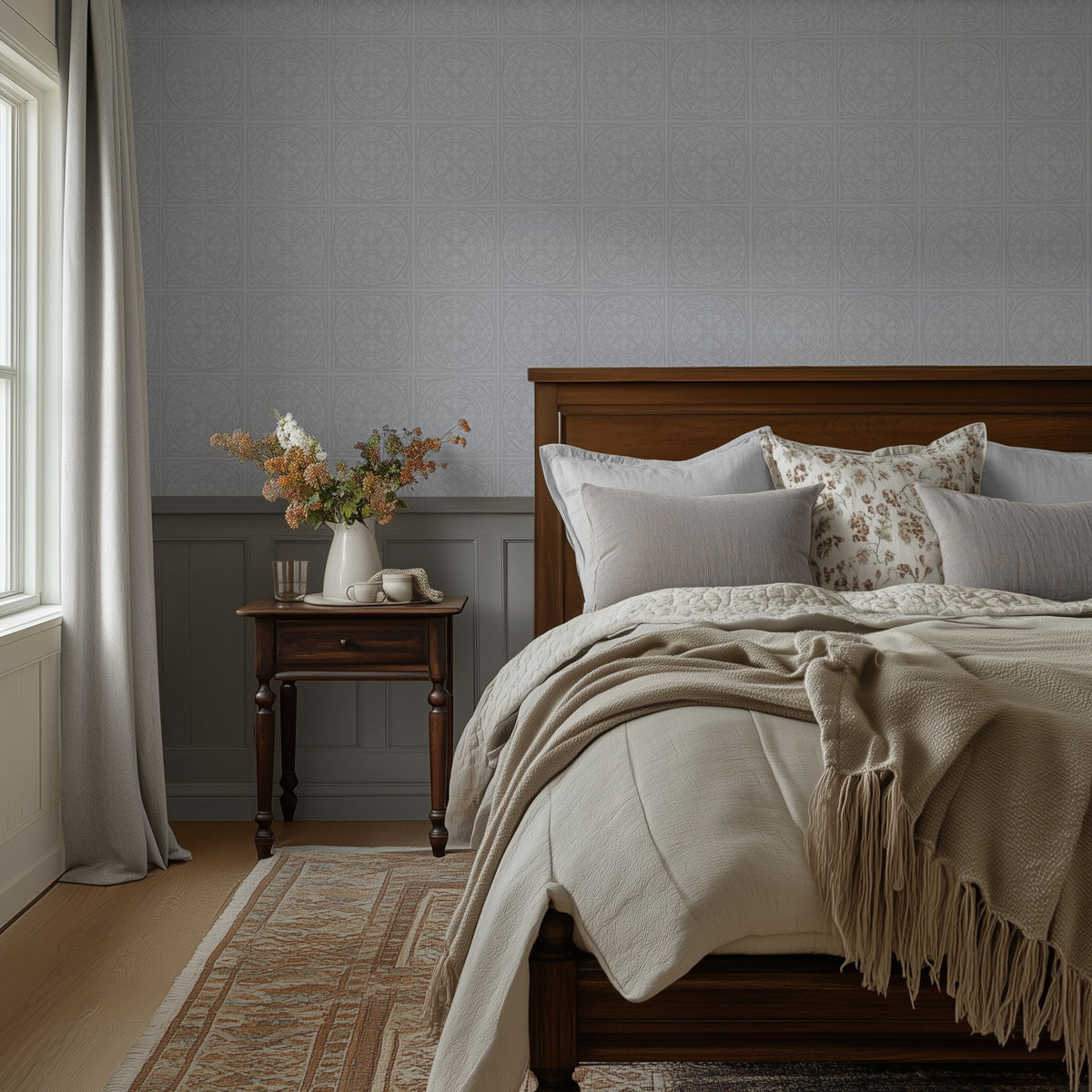 York Tile Frost wallpaper shown in a bedroom