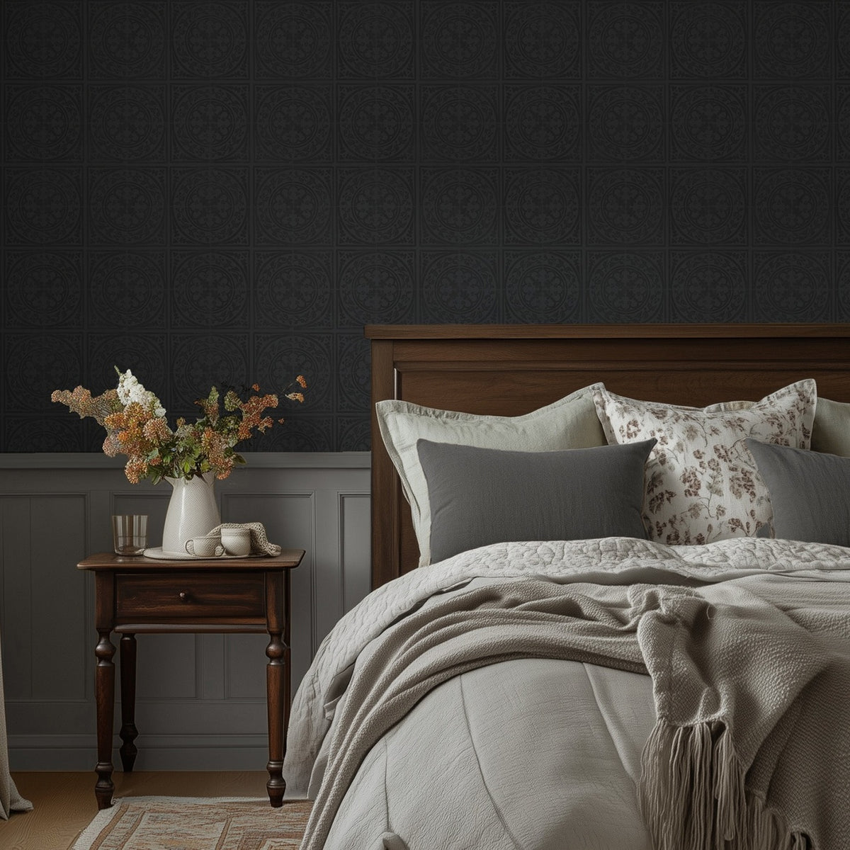Close-up room view of York Tile Gunmetal wallpaper