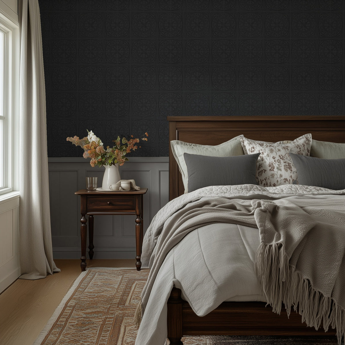 York Tile Gunmetal wallpaper shown in a bedroom