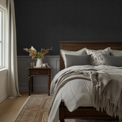 York Tile Gunmetal wallpaper shown in a bedroom