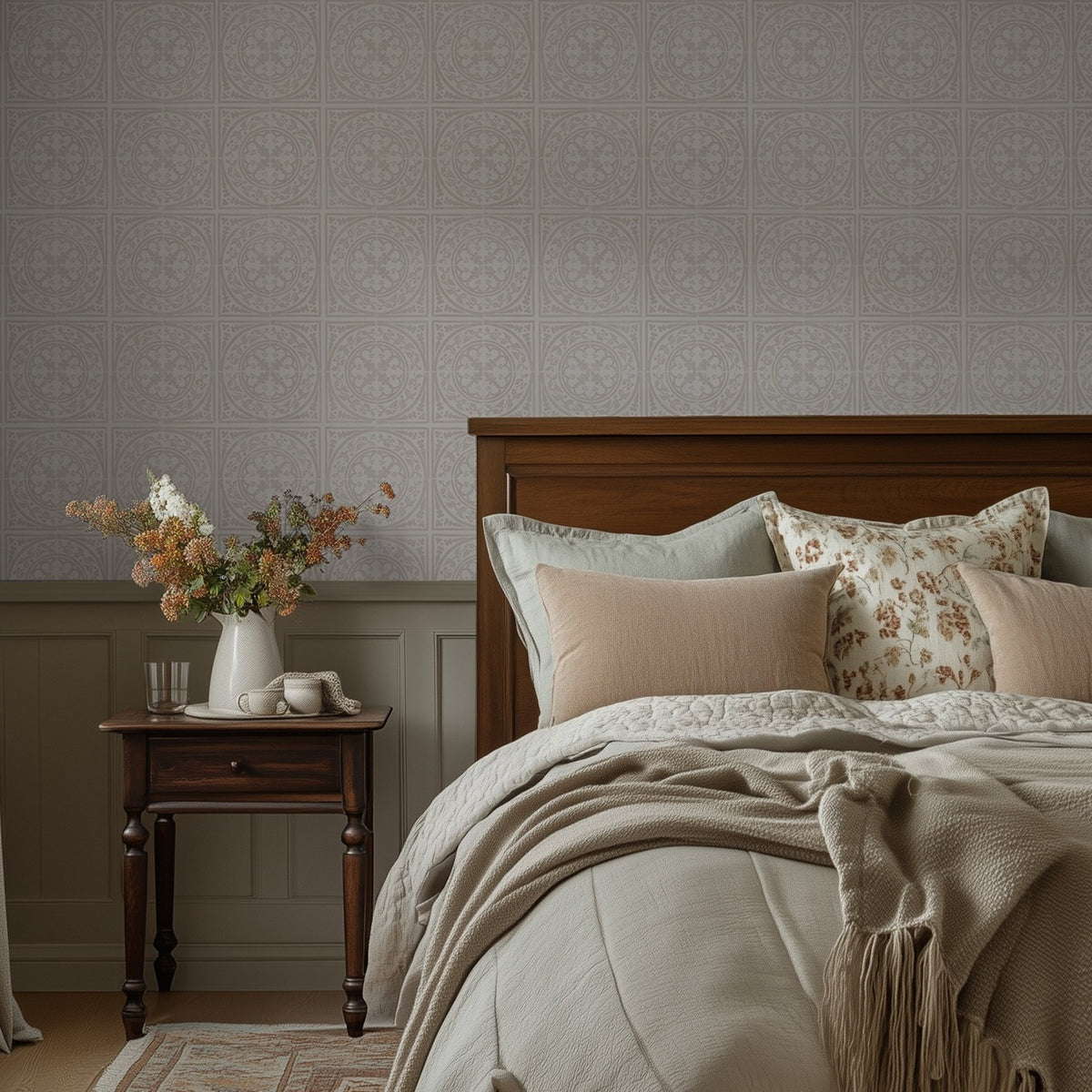 Close-up room view of York Tile Neutrals wallpaper