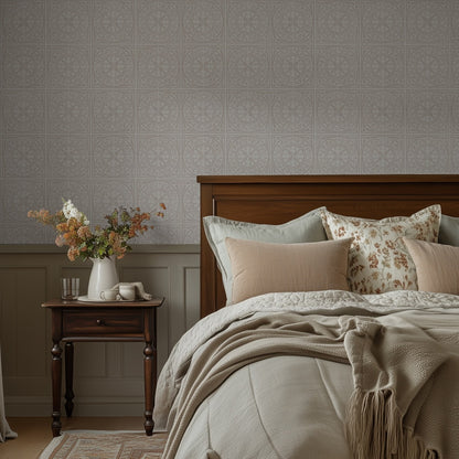 Close-up room view of York Tile Neutrals wallpaper