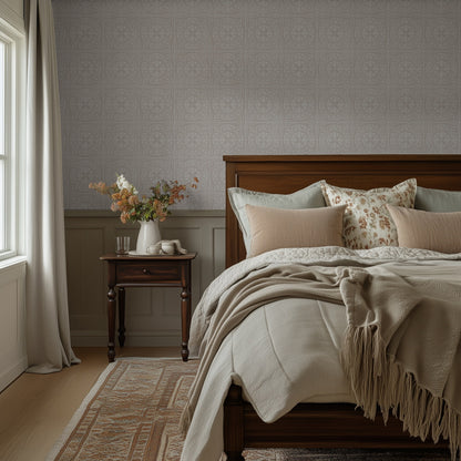 York Tile Neutrals wallpaper shown in a bedroom