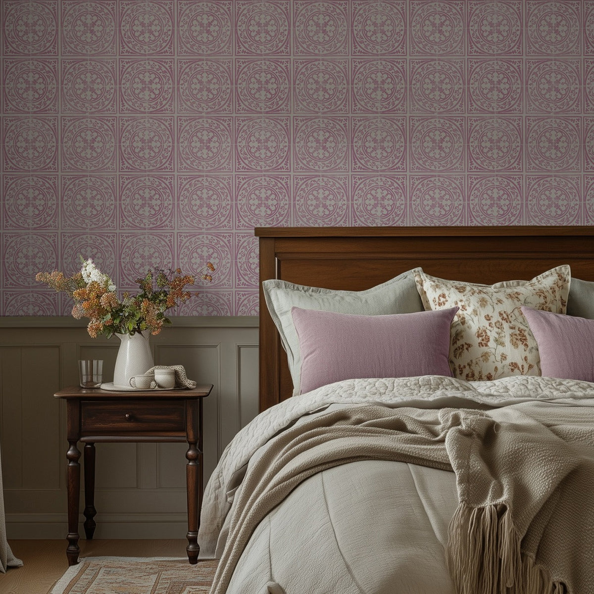 Close-up room view of York Tile Pink over Beige wallpaper