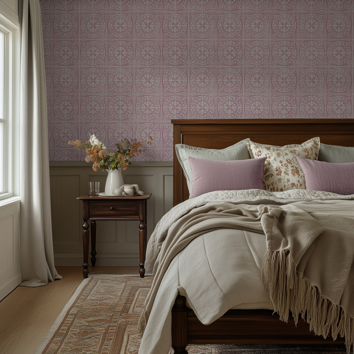 York Tile Pink over Beige wallpaper shown in a bedroom