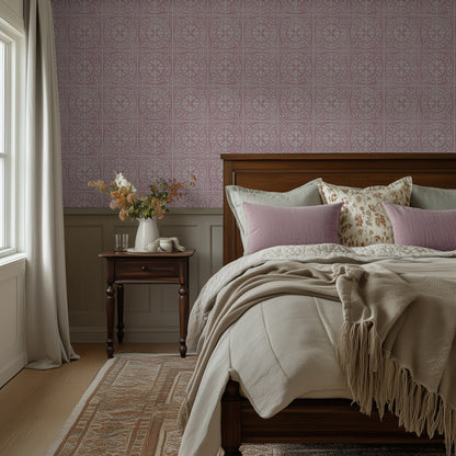 York Tile Pink over Beige wallpaper shown in a bedroom