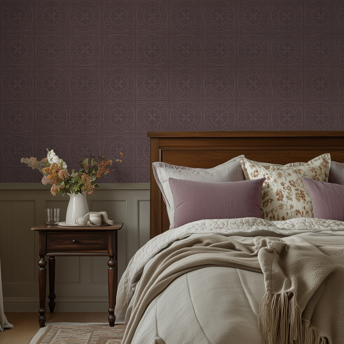 Close-up room view of York Tile Port wallpaper