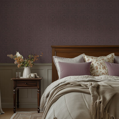 Close-up room view of York Tile Port wallpaper