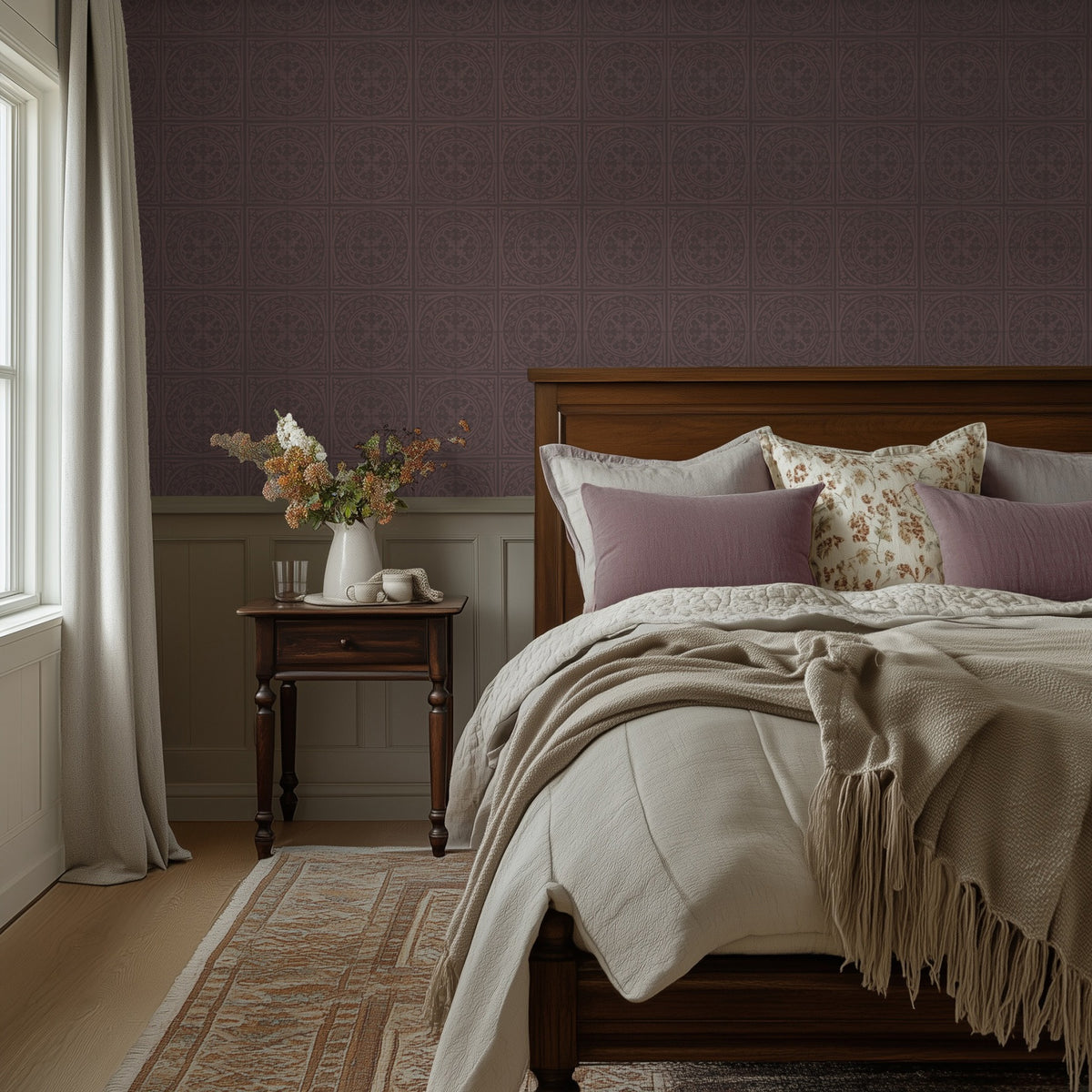 York Tile Port wallpaper shown in a bedroom