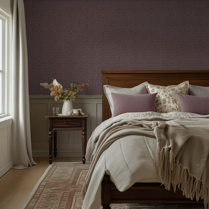 York Tile Port wallpaper shown in a bedroom
